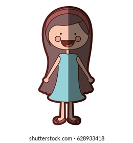 color silhouette shading smile expression cartoon long hair girl with blue dress vector illustration