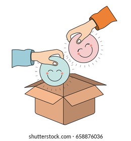color silhouette side view of pair hands holding a happy faces symbol to deposit in cardboard box vector illustration