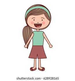 color silhouette smile expression cartoon side ponytail hair girl with shirt and skirt vector illustration