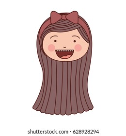 color silhouette smile expression cartoon front face girl brown hair and pink bow lace vector illustration