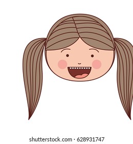 color silhouette smile expression cartoon front face girl with pigtail striped hair vector illustration