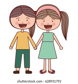 color silhouette smile expression cartoon guy and girl pigtails hairstyle with taken hands