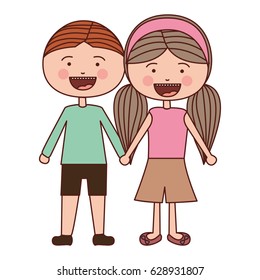 color silhouette smile expression cartoon brown boy hair and girl pigtails hairstyle with taken hands vector illustration