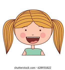 color silhouette smile expression cartoon half body girl with blond pigtails striped hair vector illustration