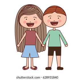 color silhouette smile expression cartoon couple kids in casual clothes with taken hands vector illustration