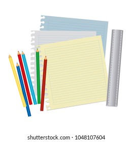 color silhouette with striped notebook sheets in blank with colored pencils and ruler