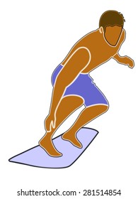color silhouette surfer man on surfboard, white background 