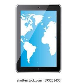 color silhouette tablet in vertical position and world map wallpaper vector illustration