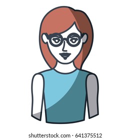 color silhouette and thick contour of half body of woman with glasses and sleeveless shirt vector illustration