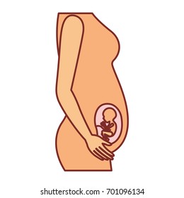 color silhouette with thick contour of side view pregnancy process in female body fetus human growth semestrer vector illustration