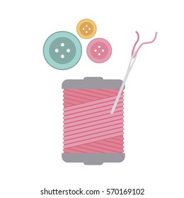 color silhouette with thread spool and sewing needle and buttons