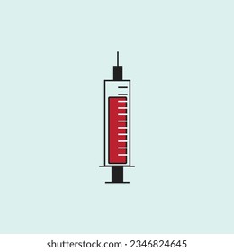 Jeringa de la aguja del vector de la silueta de color con líquido rojo y ilustración del vector de la entrada