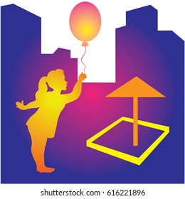 Color silhouette, vector sketch, girl with balloon, summer, outside, one child on a walk in the city without supervision, appearance a children's Playground