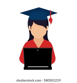 color silhouette with woman with graduation hat and laptop