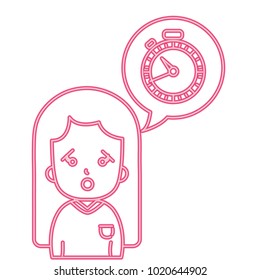 color silhouette woman surprised with blouse and chronometer inside chat bubble