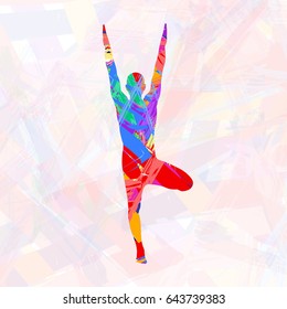 Color silhouette of wood pose on spots background. Yoga pose vector illustration