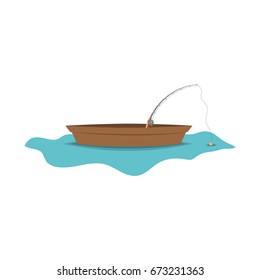 color silhouette wooden fishing boat in lake and rod vector illustration