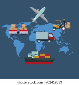 color silhouette world map background with icons logistics transport vehicles