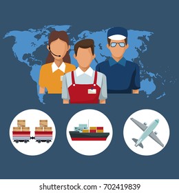 color silhouette world map background with icons people logistics and transport vehicles
