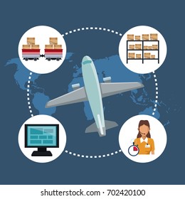 color silhouette world map background with circular frame of icons storage logistics and closeup airplane