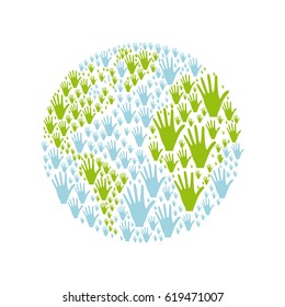 color silhouette of world map formed by set of hands vector illustration