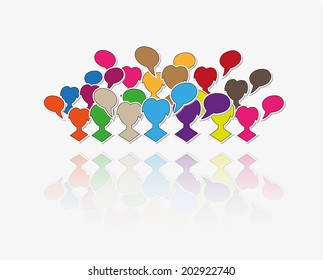 color silhouettes of many people and many speak bubbles