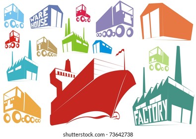 Color silhouettes or stamp images of logistics, supply chain items (warehouse, factory, container ship, truck, van) - cartoon vector outline / silhouette illustration set