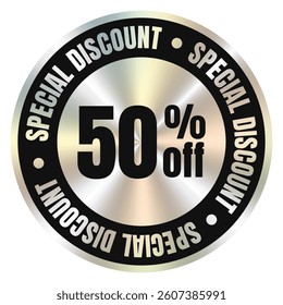 Color silver holographic sticker template, label, tag, hologram. Round Shiny Smooth Mirror foil Emblem Special discount, Best price, Sale, 50% off. Isolated on transparent background EPS10 Vector

