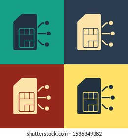 Color Sim card icon isolated on color background. Mobile cellular phone sim card chip. Mobile telecommunications technology symbol. Vintage style drawing. Vector Illustration