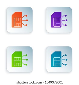 Color Sim card icon isolated on white background. Mobile cellular phone sim card chip. Mobile telecommunications technology symbol. Set icons in colorful square buttons. Vector Illustration