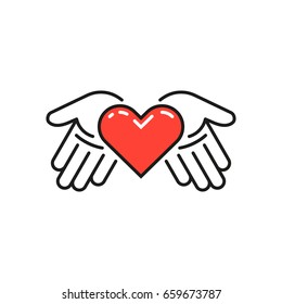 Color simple flat art vector illustration of a red heart in open palms