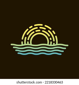 color simple line art round sign of sun over water waves