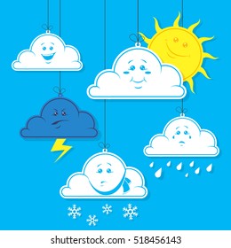 Color simple vector illustration of a cartoon flat art clouds with a different mood and the weather