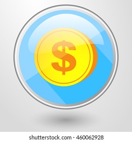 color simple vector round glass icon of gold coin with a dollar sign