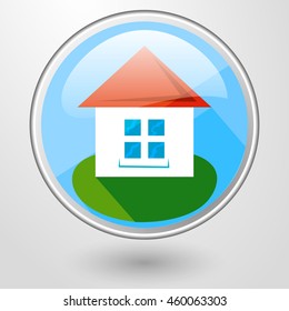 color simple vector round glass icon of white house with a red roof