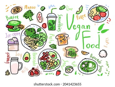 Color simple vegan set of hand drawn isolated illustration. Doodle of summer food menu: ice-cream, lime, soup, avocado, sandwich, vegetables, soy milk, garnet, smoothies, puree, roll, broccoli.