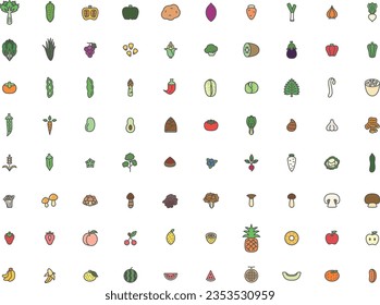 Color simple vegetable, fruit and mushroom illustration icon set