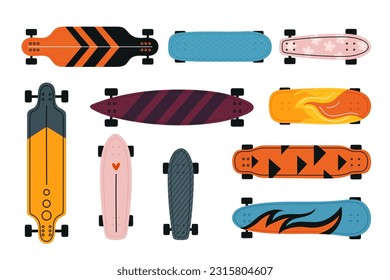 Color skateboards with wheels. Patterned longboard. Urban extreme skating culture. Sport activity. Boards for riding on asphalt or jumping. Skateboarding equipment