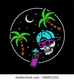 Color skeleton chilling with cocktail and palm tree