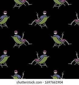 color skeleton with a cigarette seamless pattern on black background