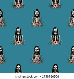 color skeleton girl on green background seamless pattern