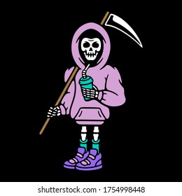 color skeleton in a hoodie with a cocktail 