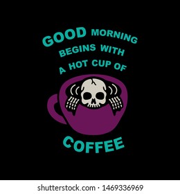 Color skeleton and hot coffee on black background
