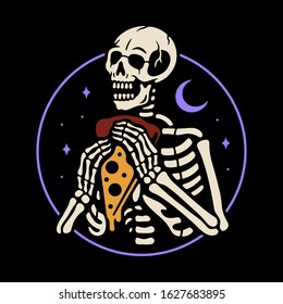 Color skeleton with pizza on black background