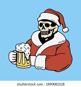 
color skeleton of santa claus with a beer mug on a white background