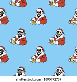 
color skeleton of santa claus with a beer mug seamless pattern