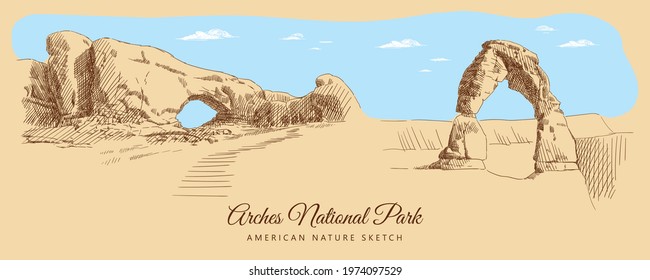 Color Sketch Of Arches National Park, USA, Hand-drawn.