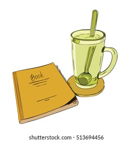 Color sketch books and cups with a spoon. Vector illustration