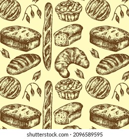 Farbskizze Brot sortiert nahtloses Muster. Vektormuster von Weizen und Roggenbrot auf weißem Hintergrund. Bäckerei und Kondiserie-Design mit Brot, Croissant, Baguette, Muffin, Bun, Laif, Bretzel, Bagel