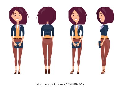 Color sketch of business lady vector illustration of girl with dark hair and brown trousers, cute shoes, black handbag, blue jacket, yellow t-shirt